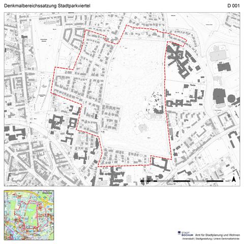 Übersichtskarte: Abgrenzung Denkmalbereich Stadtparkviertel auf der Flurkarte und dem Stadtplan