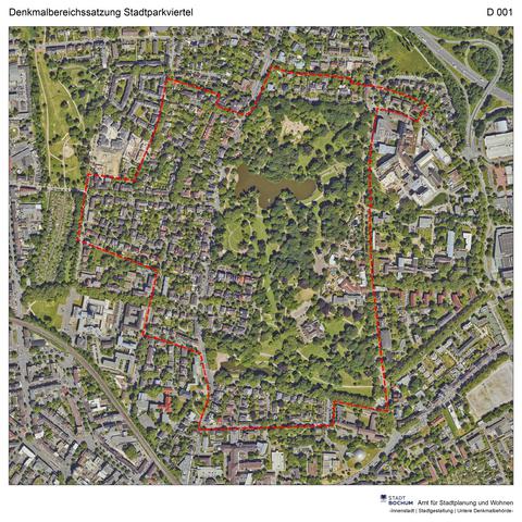 Übersichtskarte: Abgrenzung Denkmalbereich Stadtparkviertel auf dem Luftbild