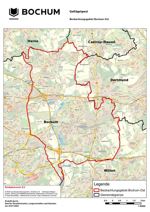 Karte mit eingezeichnetem Gebiet der Ausbreitung der Geflügelpest