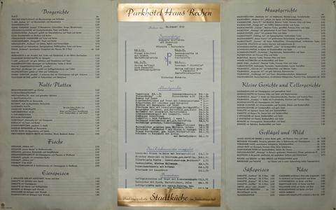 Speisekarte aus dem Parkhotel Haus Rechen (1939)