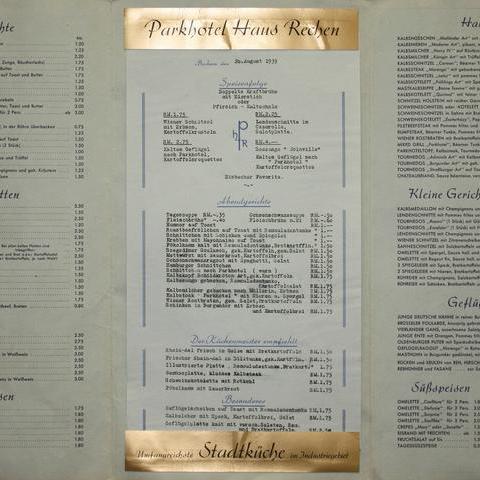 Speisekarte aus dem Parkhotel Haus Rechen (1939)
