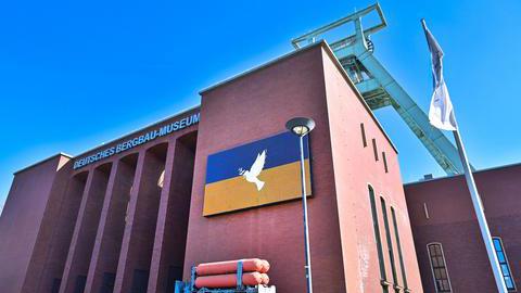 Solidaritätsbekundung am Deutschen Bergbaumuseum mit der Friedenstaube auf der ukrainischen Flagge