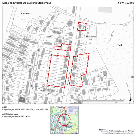 Abgrenzung der Siedlung auf der Flurkarte und dem Stadtplan