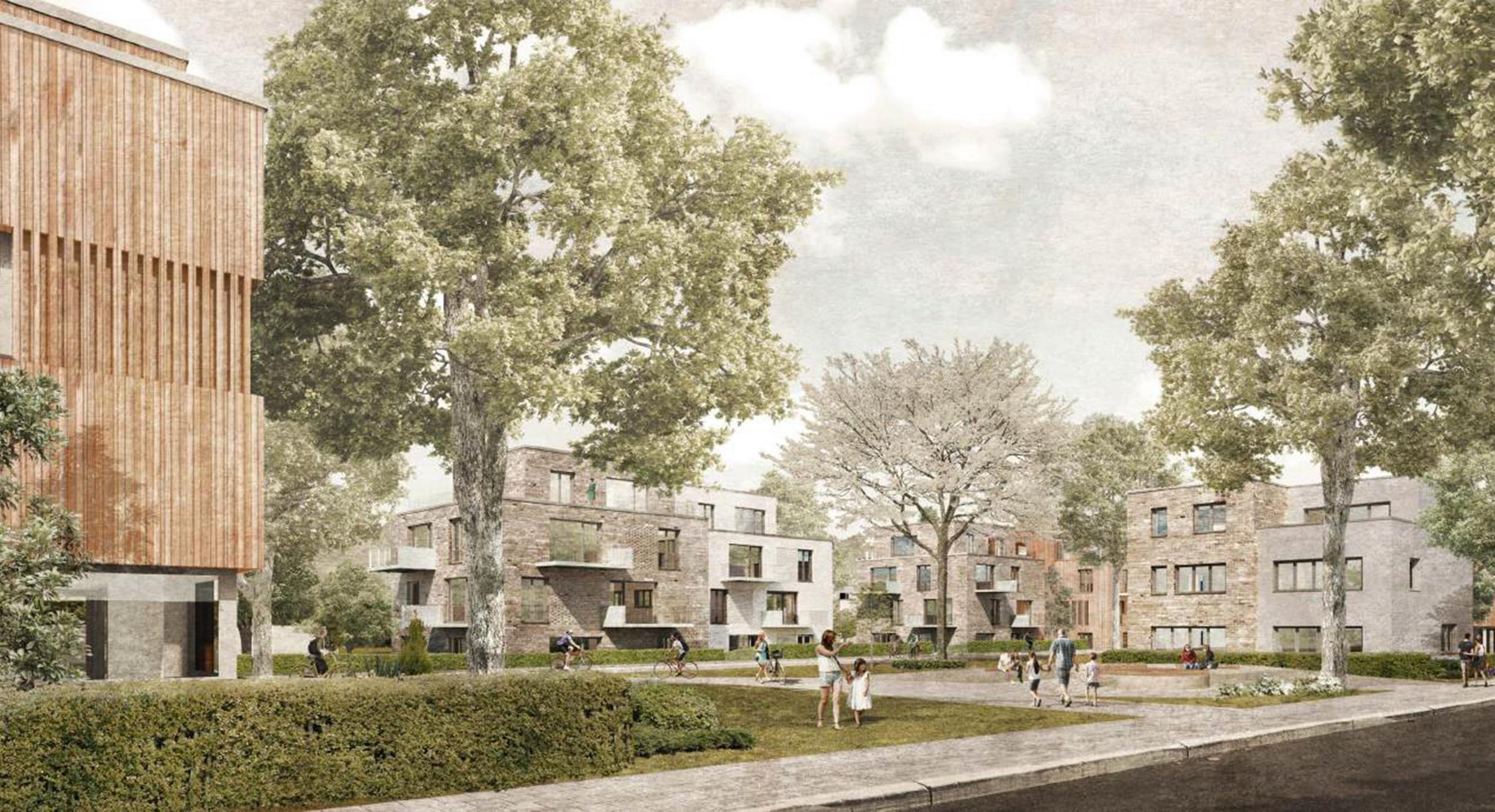 Eine gerenderte Darstellung des möglichen Endzustandes der Entwicklung mit freistehenden Wohnhäusern um eine Grünfläche 