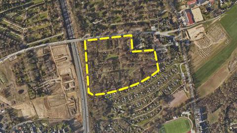 Luftbild zum Bebauungsplan Nr. 1027 - Sportpark Feldmark - mit eingezeichnetem Baugebiet