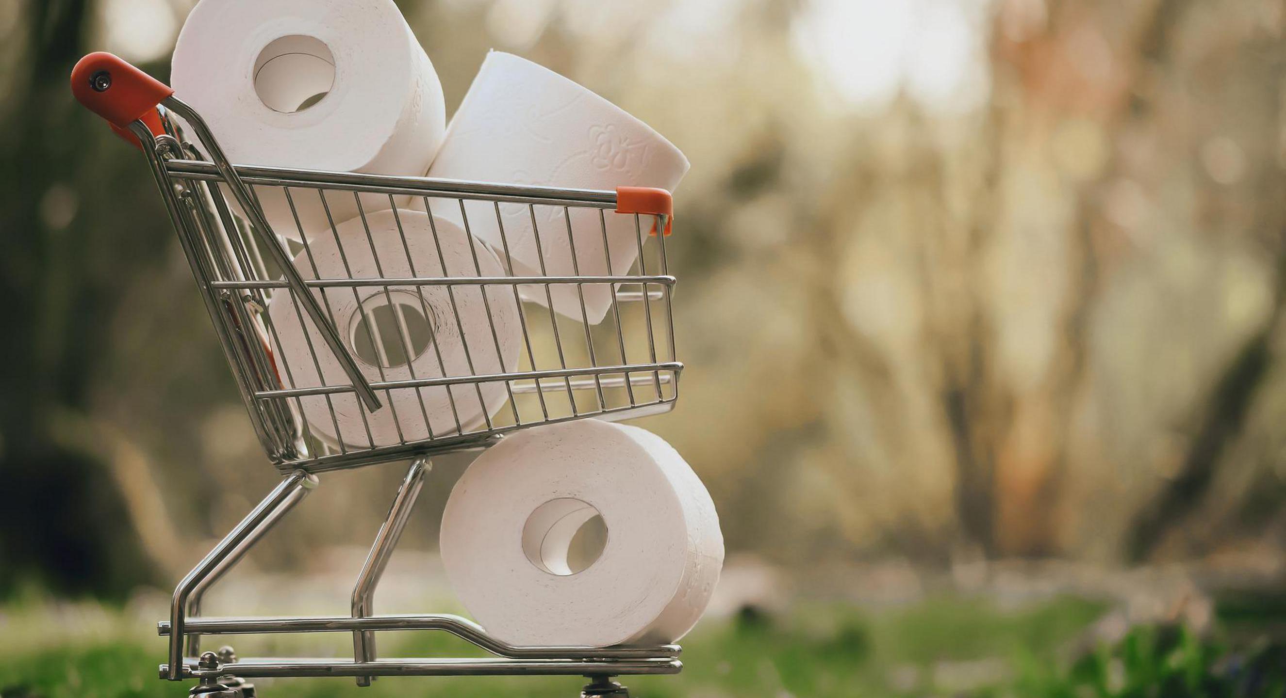 Toilettenpapierrollen in einem Einkaufswagen
