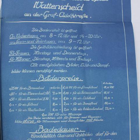 Die Preisliste der Städtischen Badeanstalt Wattenscheid von 1928