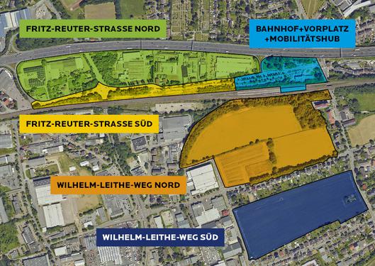 Farbliche Darstellung der fünf Teilbereiche des Bahnhofquartiers Wattenscheid