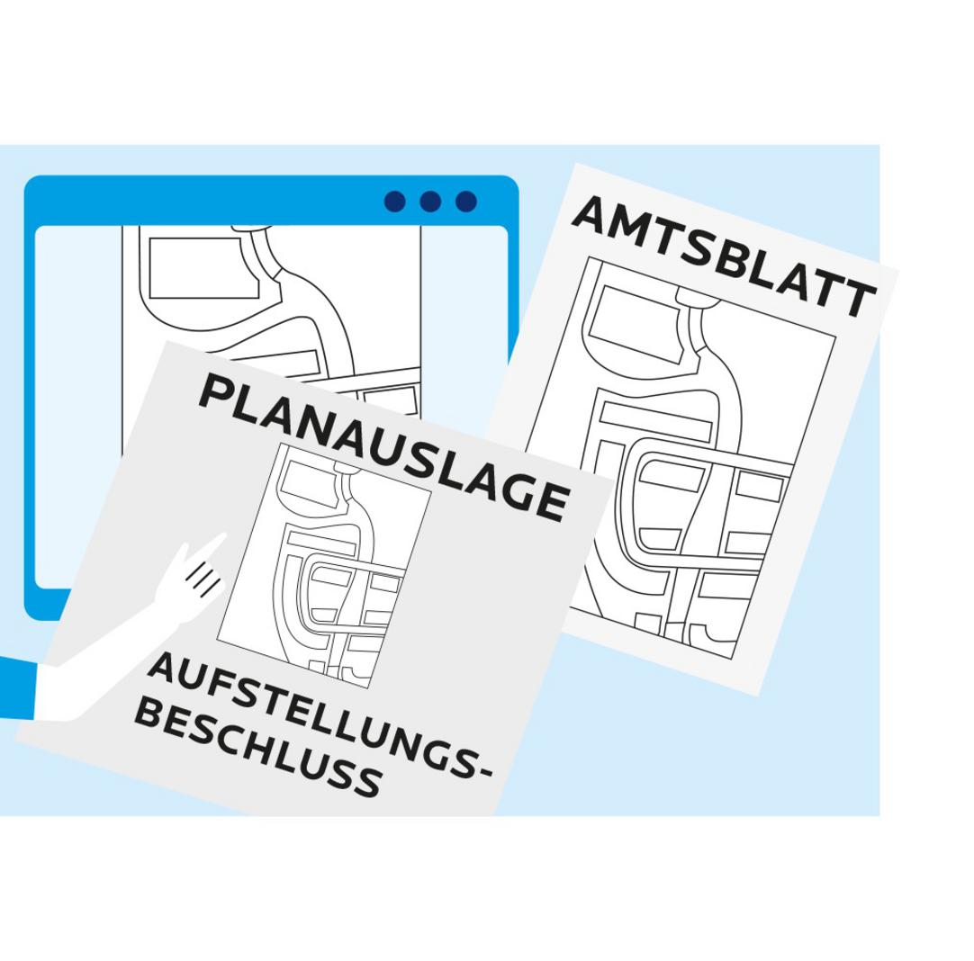 Skizze eines Computers und einer Person mit dem Amtsblatt in der Hand