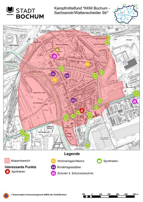 Stadtplan mit eingezeichnetem Evakuierungsradius