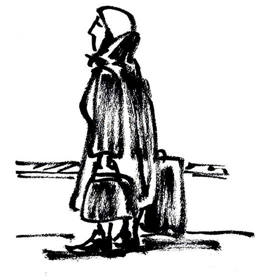 Zeichnung einer Frau mit dem Titel "wartende Strich"