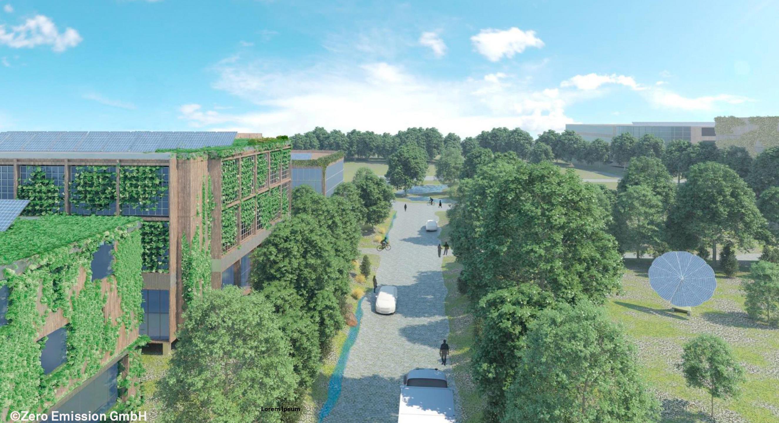 Das Modell des geplanten klimaangepassten Gewerbegebiets zeigt eine Allee mit Bäumen, rechts eine Wiese mit Solarflächen und auf der linken Seite ein Gebäude mit Solarflächen und bepflanzten Dächern.