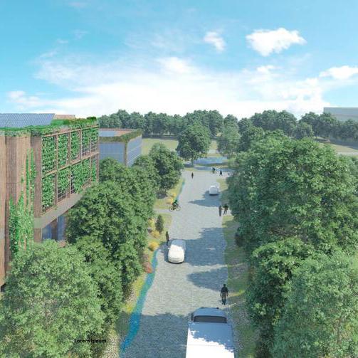 Das Modell des geplanten klimaangepassten Gewerbegebiets zeigt eine Allee mit Bäumen, rechts eine Wiese mit Solarflächen und auf der linken Seite ein Gebäude mit Solarflächen und bepflanzten Dächern.