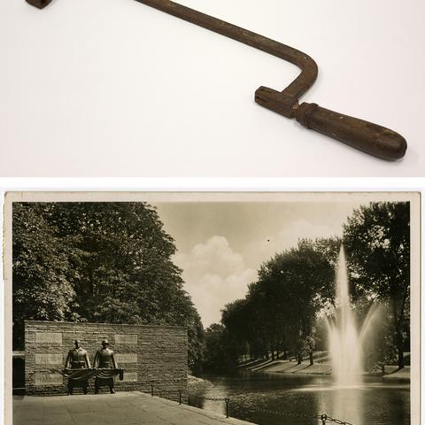 oben: Bügelsäge; unten: Postkarte Ehrenmal der 67er im Bochumer Stadtpark