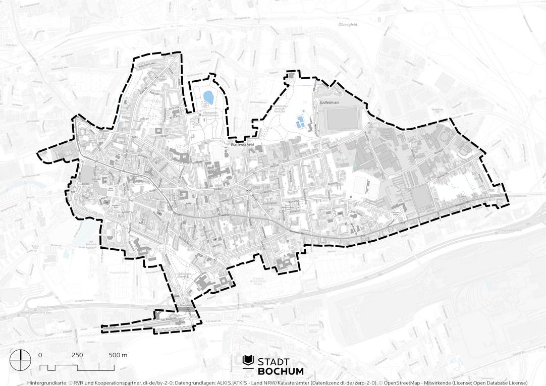 Das Stadterneuerungsgebiet Wattenscheid erstreckt sich vom Bahnhof im Süden zum Stadtgarten im Norden und von der Zeche Holland im Westen bis zur Breddestraße im Osten
