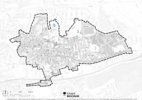 Das Stadterneuerungsgebiet Wattenscheid erstreckt sich vom Bahnhof im Süden zum Stadtgarten im Norden und von der Zeche Holland im Westen bis zur Breddestraße im Osten 