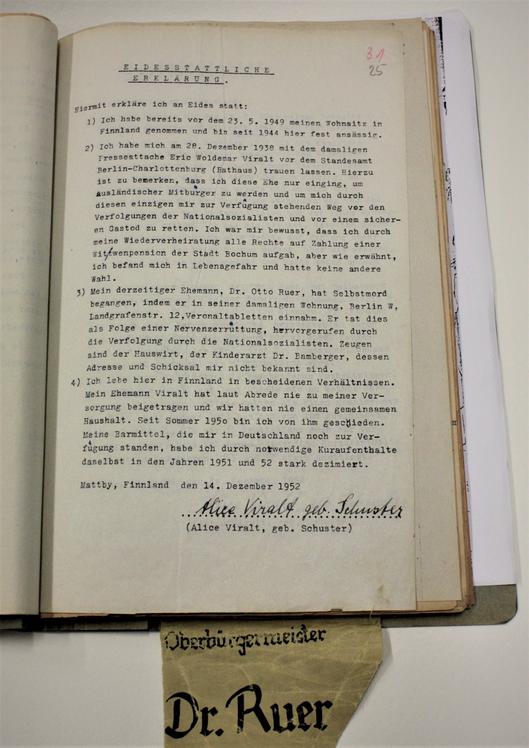 Eidesstattliche Erklärung der Alice Viralt vom 14. Dezember 1952