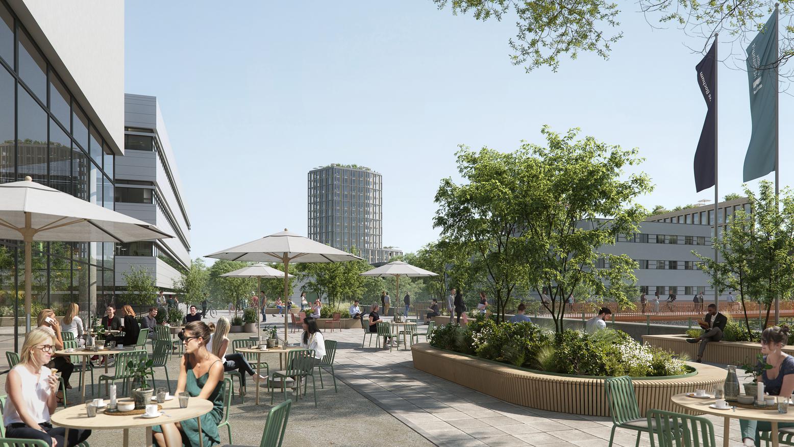 Visualisierung Terrasse der Hochschule für Gesundheit mit neuer Fußgängerbrücke
