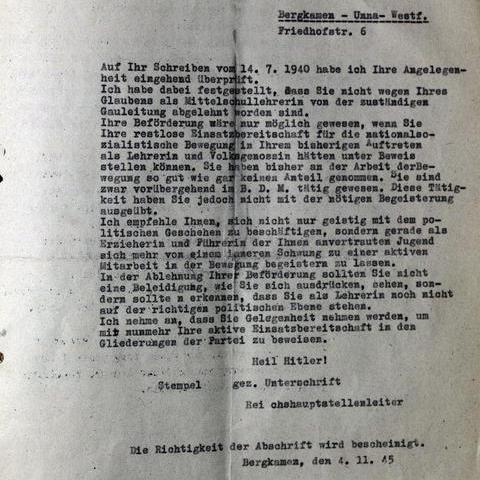 Antwortschreiben der „Kanzlei des Führers“ vom 14. Oktober 1940 an die Lehrerin Maria Höller