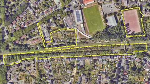 Luftbild zum Bebauungsplans Nr. 1024- Steinhausstraße/Günnigfelder Straße - mit eingezeichnetem Baugebiet