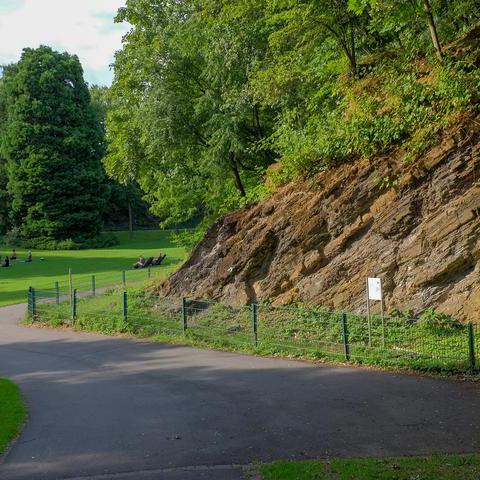 Eingangsbereich in den Geologischen Garten in Bochum. Es sind Teile der Felsformationen zu sehen, die durch einen grünen halbhohen Zaun vom Gehweg getrennt sind. Vor den Felsen steht eine Informationstafel. Im Hintergrund ist eine grüne Wiese