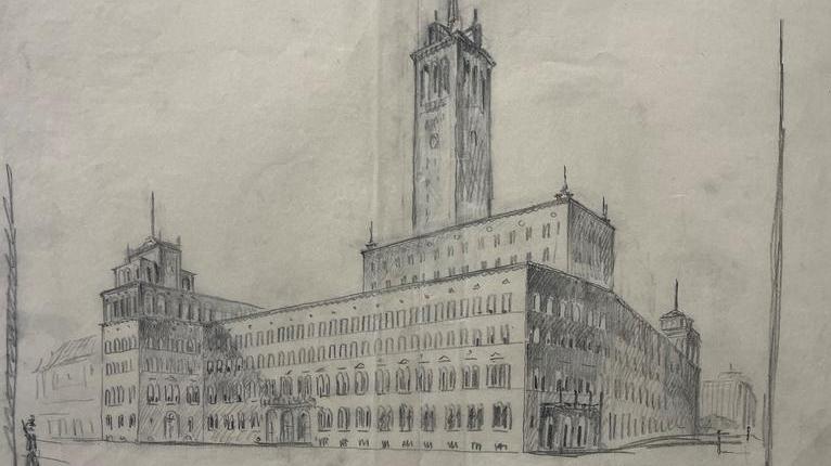 Entwurf des Rathauses von Hermann Billing 