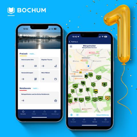 Ein Smartphone mit der Bochum App drauf geöffnet.