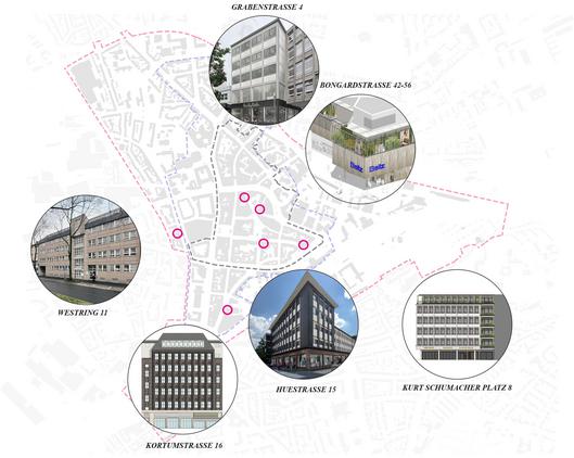 Eine grafische Darstellung der Gebäude und ihrer Lage