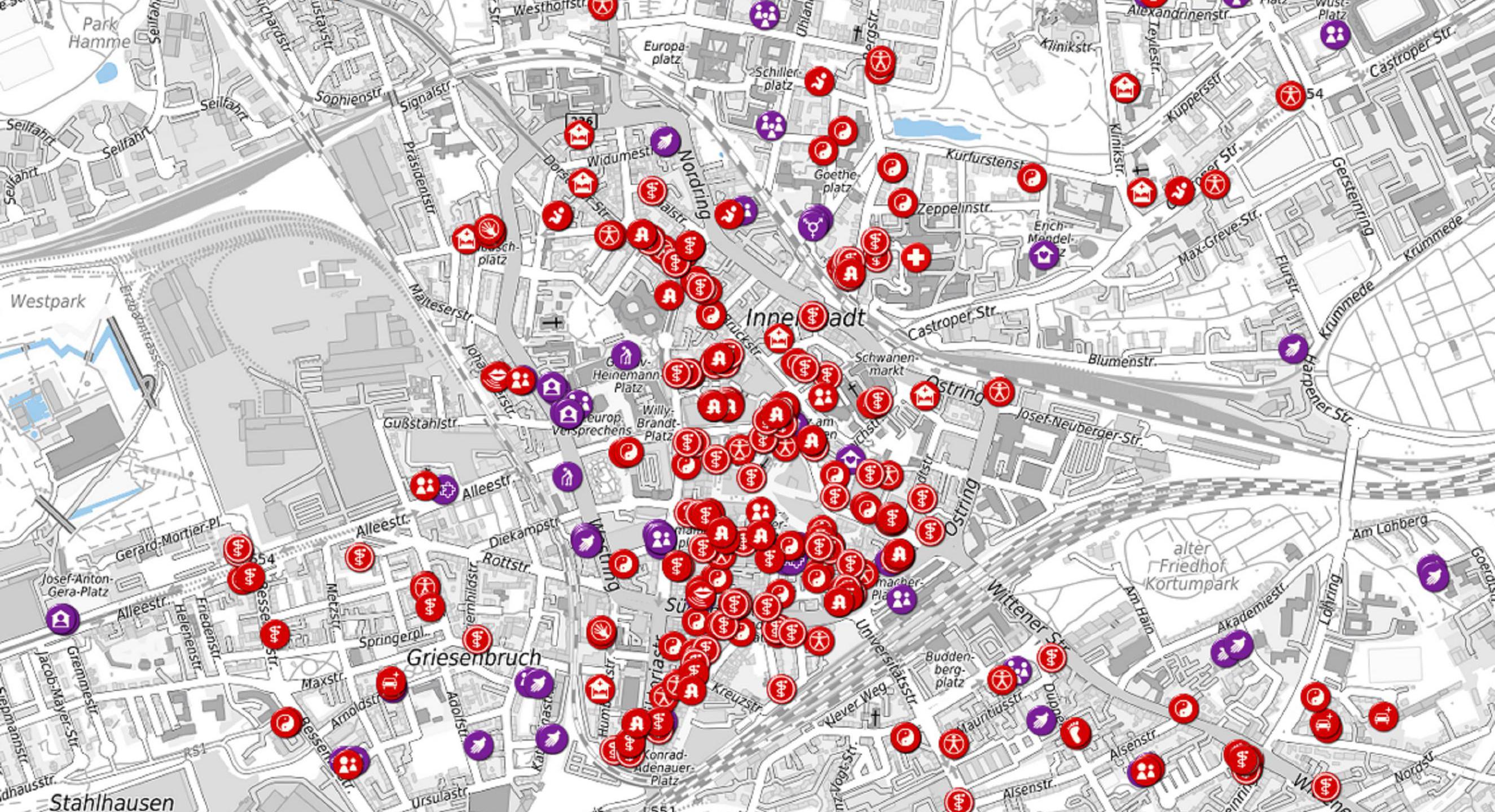 Ausschnitt von der Gesundheitskarte Bochum im geoportal