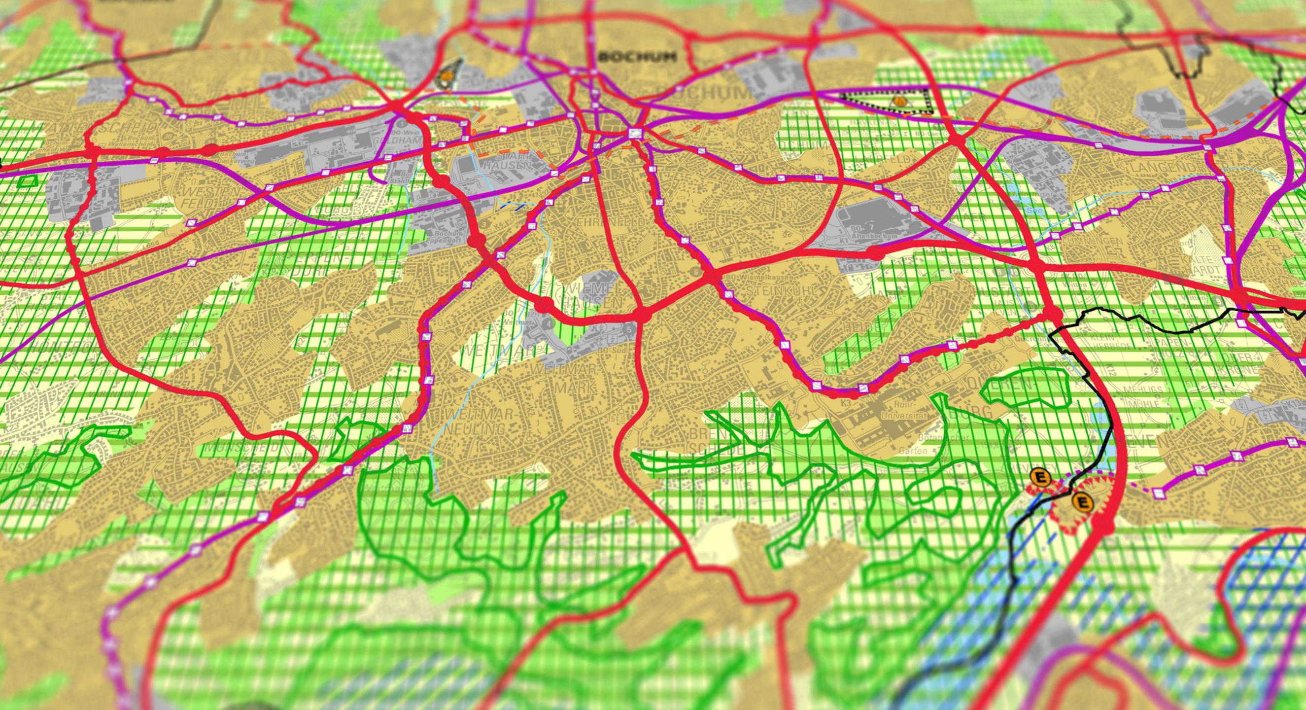Eine Tilt shift Darstellung des Regionalplans Ruhr für den Ausschnitt Bochum