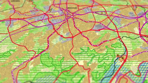 Eine Tilt shift Darstellung des Regionalplans Ruhr für den Ausschnitt Bochum