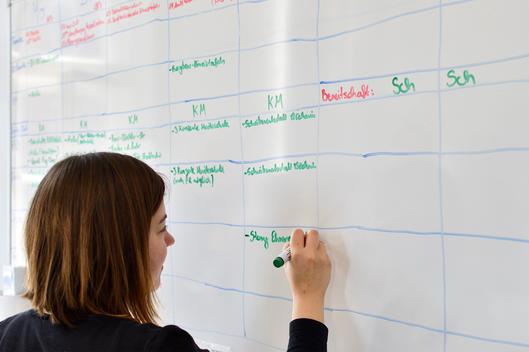 Ein Frau trägt etwas in eine Tabelle auf einem Whiteboard ein.