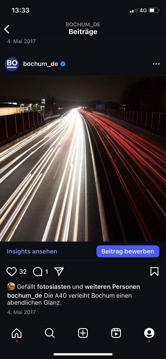 Ein Bildschirmfoto des ersten Instagram-Beitrags der Stadt Bochum im Jahr 2017.