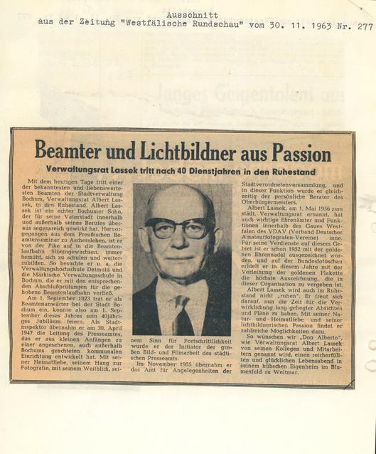 Auszug aus der Westfälischen Rundschau vom 30. November 1963 über die Verabschiedung des Verwaltungsrats Lassek in den Ruhestand. 