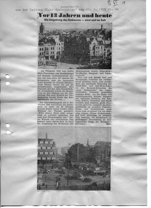 Zeitungsausschnitt aus den "Ruhr Nachrichten" vom 22. Februar 1958 im Zeitungsarchiv der Stadt Bochum.