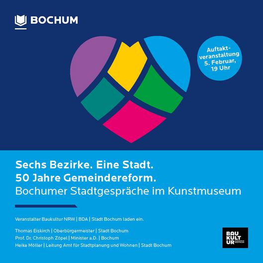 Plakat zum Stadtgespräch "Sechs Bezirke. Eine Stadt. 50 Jahre Gemeindereform"