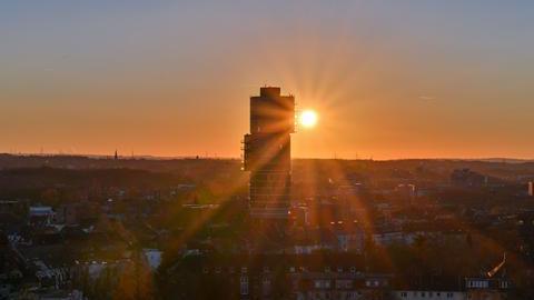 Luftbild vom Exzenterhaus in der Bochumer Innenstadt bei Sonnenuntergang