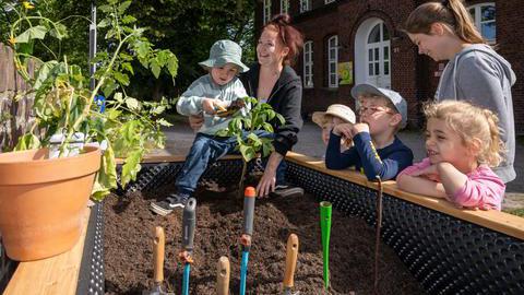 Kinder des „Kinderhofs Bochum“ bei der Bepflanzung ihres Hochbeets mit Himbeeren und Tomaten