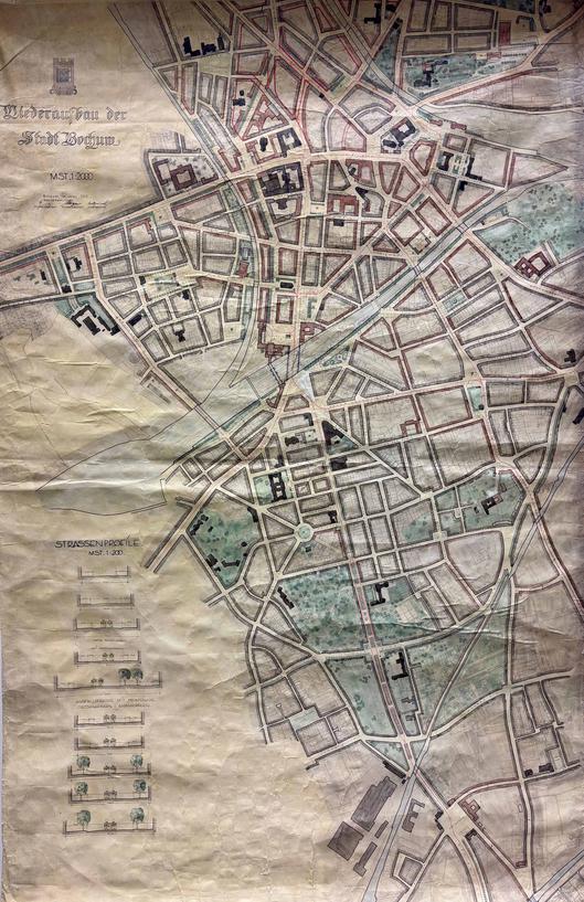 Ein Stadtplan aus dem Jahr 1945 für den Wiederaufbau von Bochum.