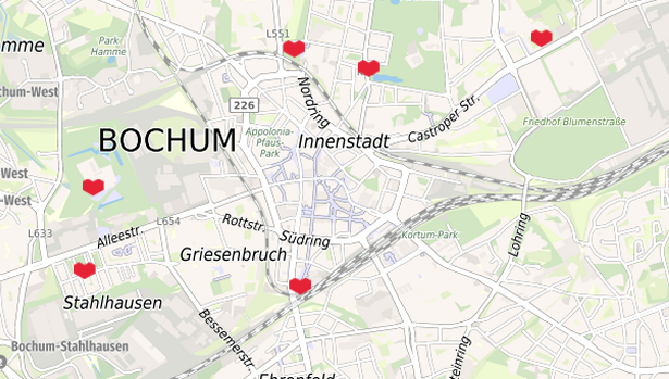 Bildausschnitt einer Karte von Bochum mit als Herzen hinterlegten Lieblingsorten.