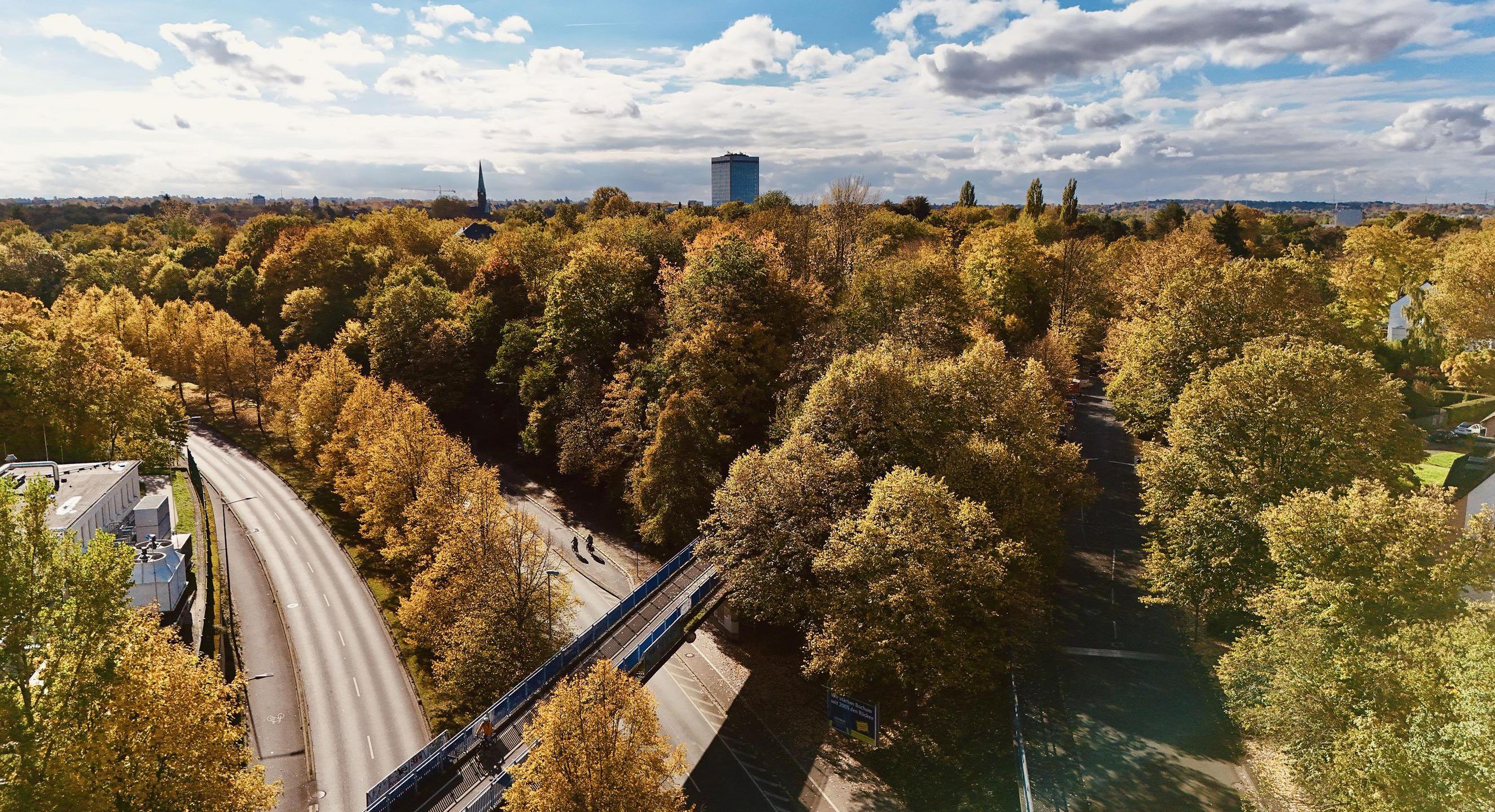 Herbstlich verfärbte Bäume bestimmen am 18. Oktober 2025 das Stadtbild in Bochum.
