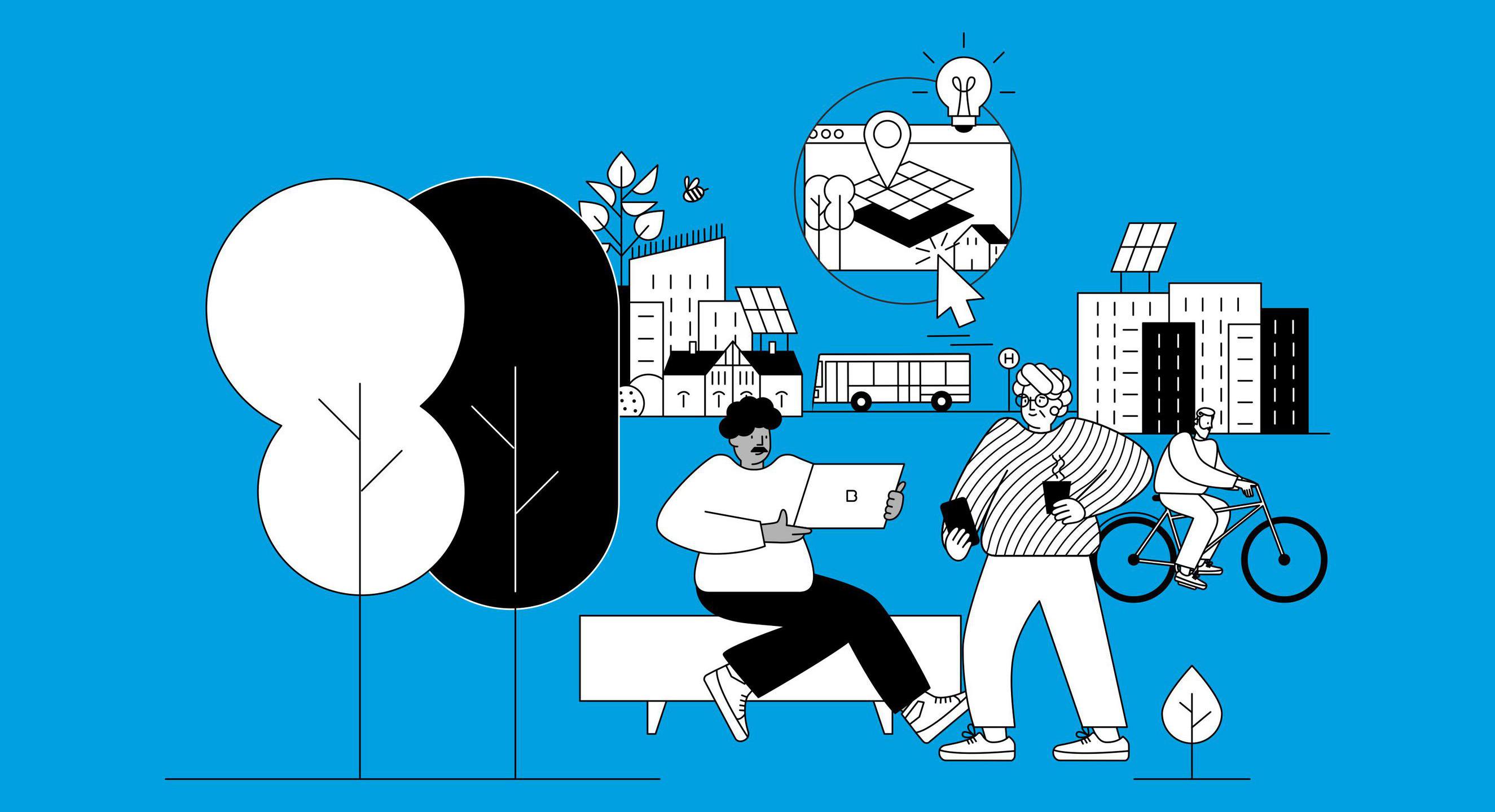 Eine Illustration zeigt zwei Personen die auf ihr Handy bzw. Laptop schauen. im Hintergrund sieht man dichte Bebauung, einen Bus und einen Radfahrer, im Vordergrund sieht man zwei Bäume