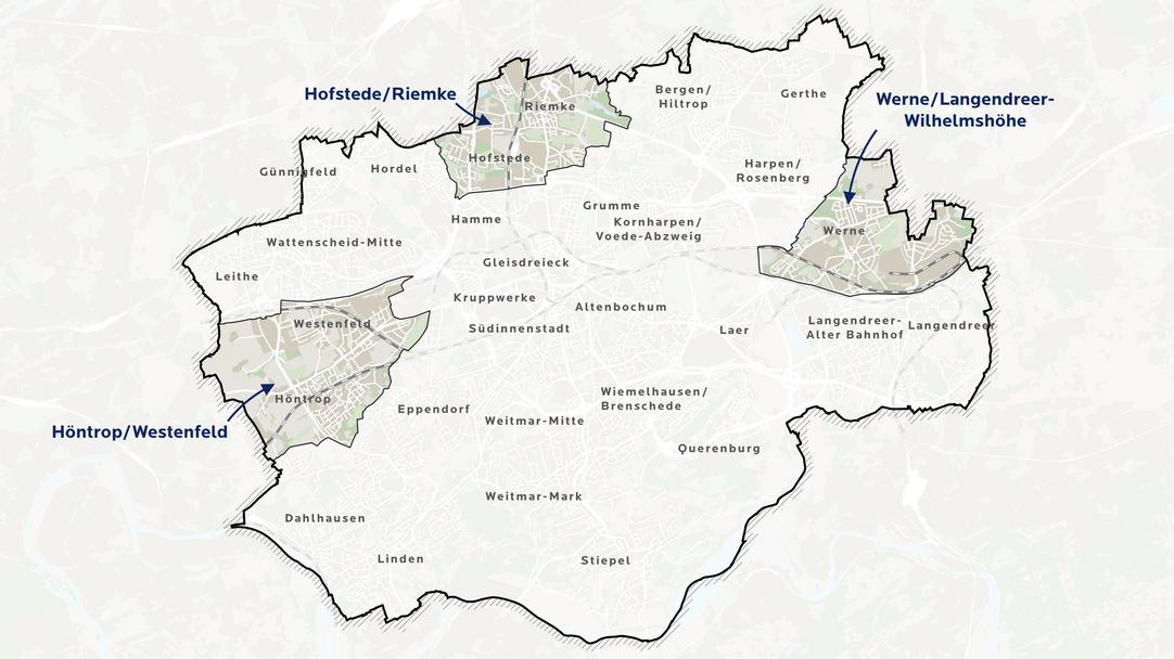 Eine Karte der Stadt Bochum mit Hervorhebungen der STEK-Gebiete in Werne, Höntrop und Riemke