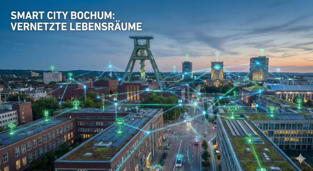 Luftaufnahme von Bochum in der Dämmerung mit dem beleuchteten Fördergerüst des Bergbaumuseums. Cyan-leuchtende digitale Netzlinien verbinden Gebäude und Fahrzeuge auf den Straßen.