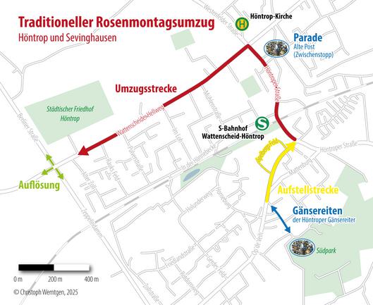 Eine Karte der Strecke des Rosemontagszugs in Höntrop und Sevinghausen