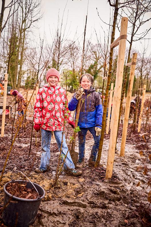 Das Bild zeigt Schüler und Schülerinnen als auch Bürger und Bürgerinnen bei der Pflanzaktion
