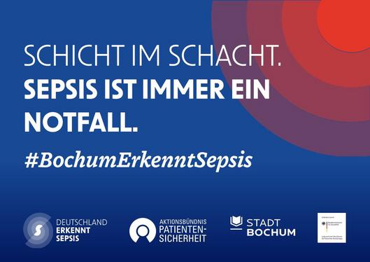 Informationsgrafik der Kampagne „#BochumErkenntSepsis“ mit dem Slogan: „Schicht im Schacht. Sepsis ist immer ein Notfall.“