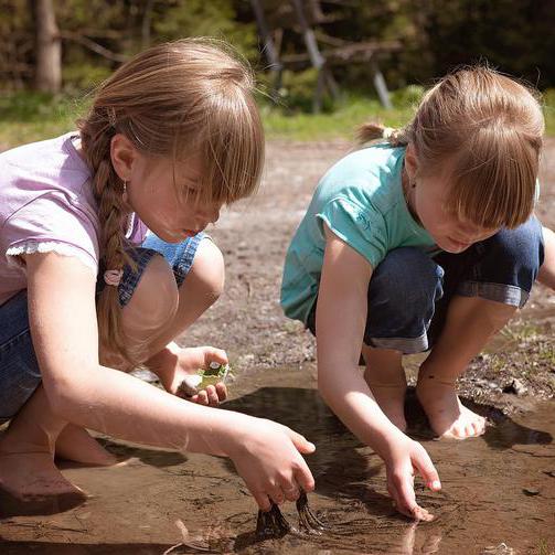 Zwei Kinder Hocken Barfuß in einer Pfütze im Wald. Sie tragen kurze Hosen und T-shirts. In der linken Hand halten beide Blätter. Mit der rechten Hand wühlen sie durch die Pfütze.