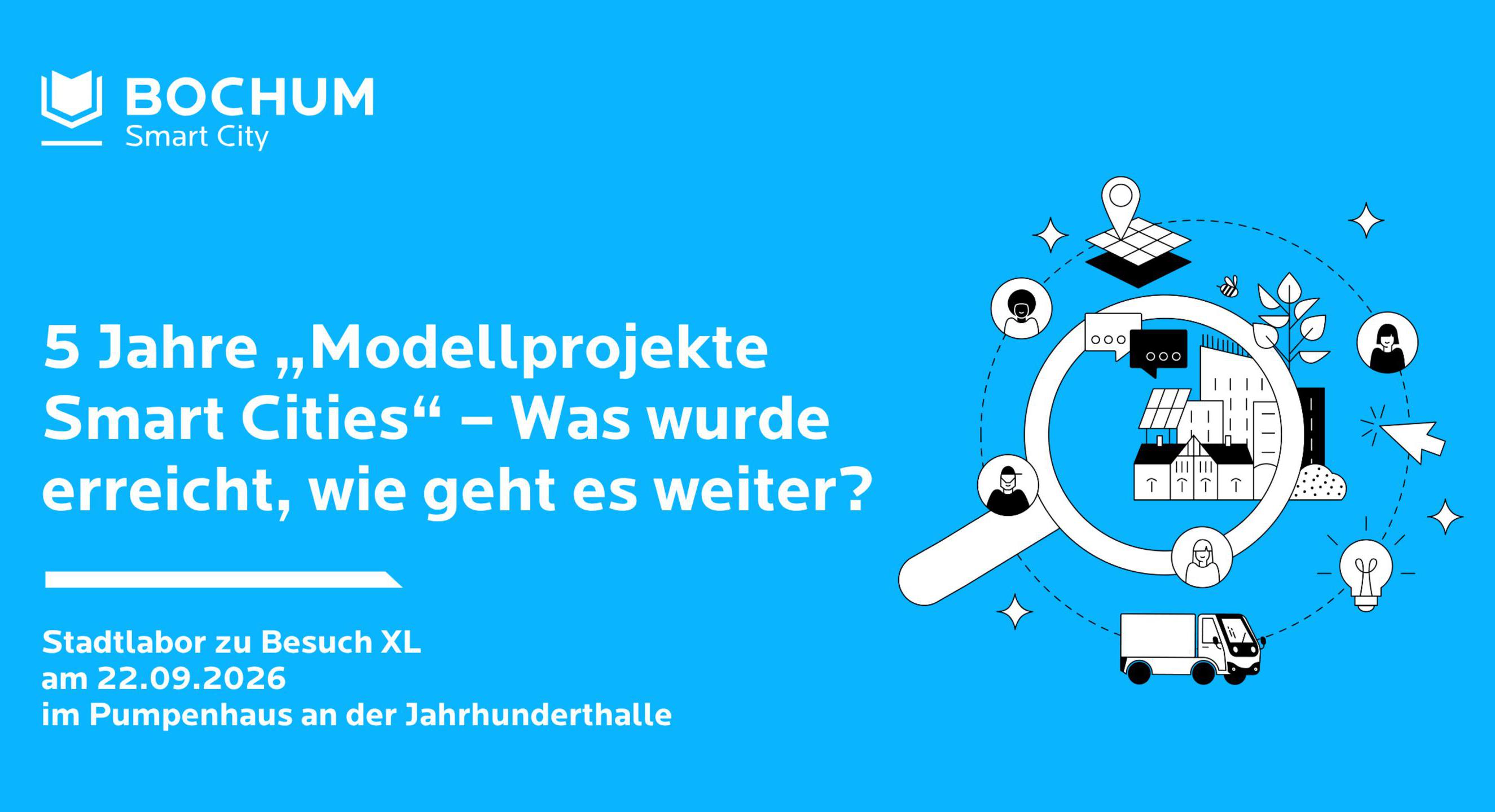 Veranstaltungsgrafik von Bochum Smart City für das Stadtlabor zu Besuch XL zum Thema ‚ Fünf Jahre Modellprojekte Smart Cities am 22. September 2026.