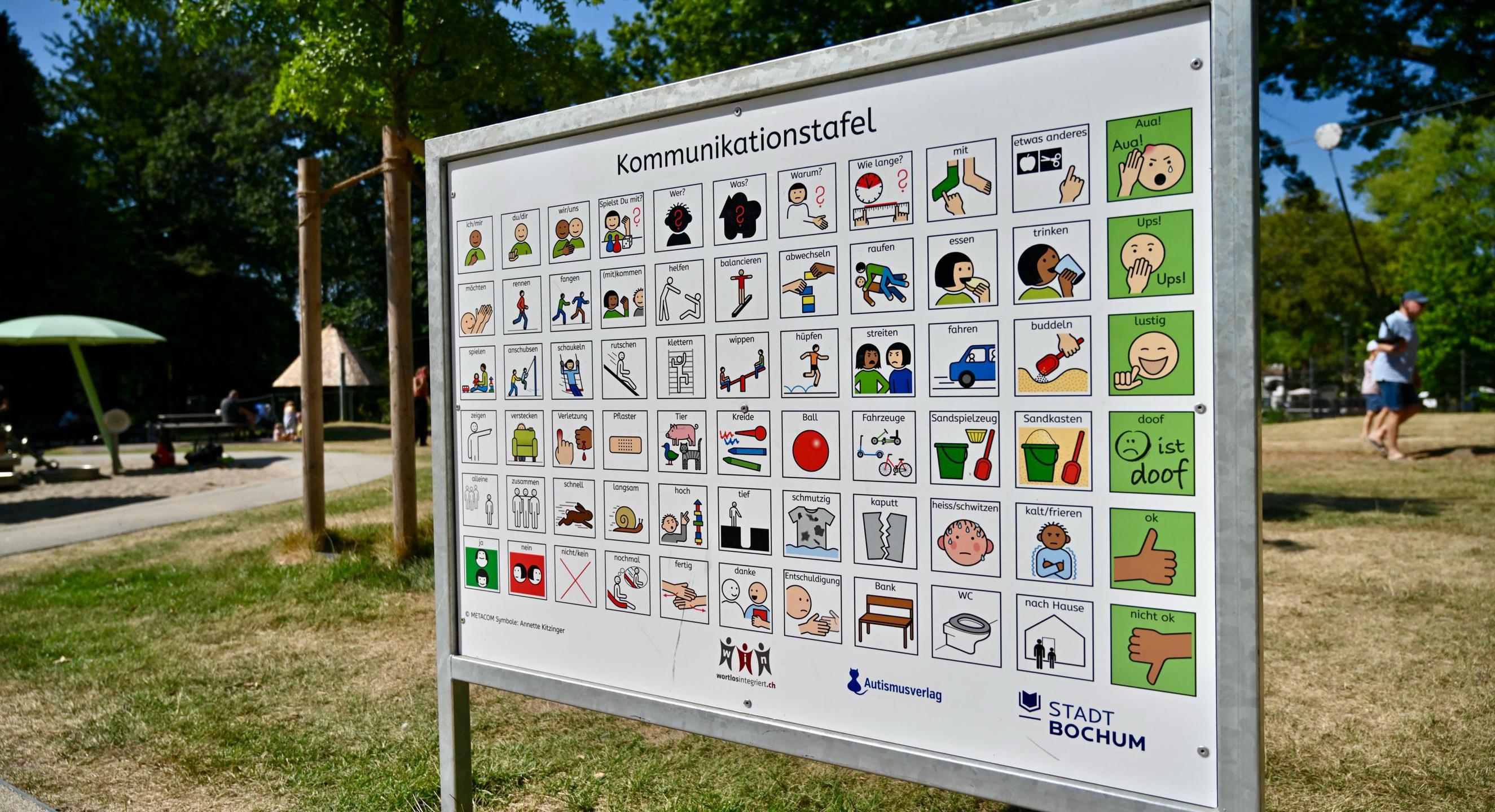 Kommunikationstafel mit Piktogrammen auf einem Spielplatz im Stadtpark.